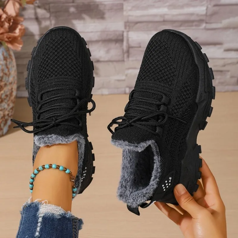 Knit Fabric Lace Up Sneakers - Damen-Wintersneakers mit Thermofutter, aus Strickstoff, mit